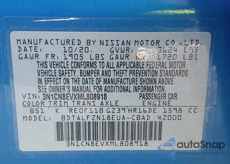 2021 Nissan Versa Sv Xtronic Cvt from USA, damaged, VIN 3N1CN8EVXML808918